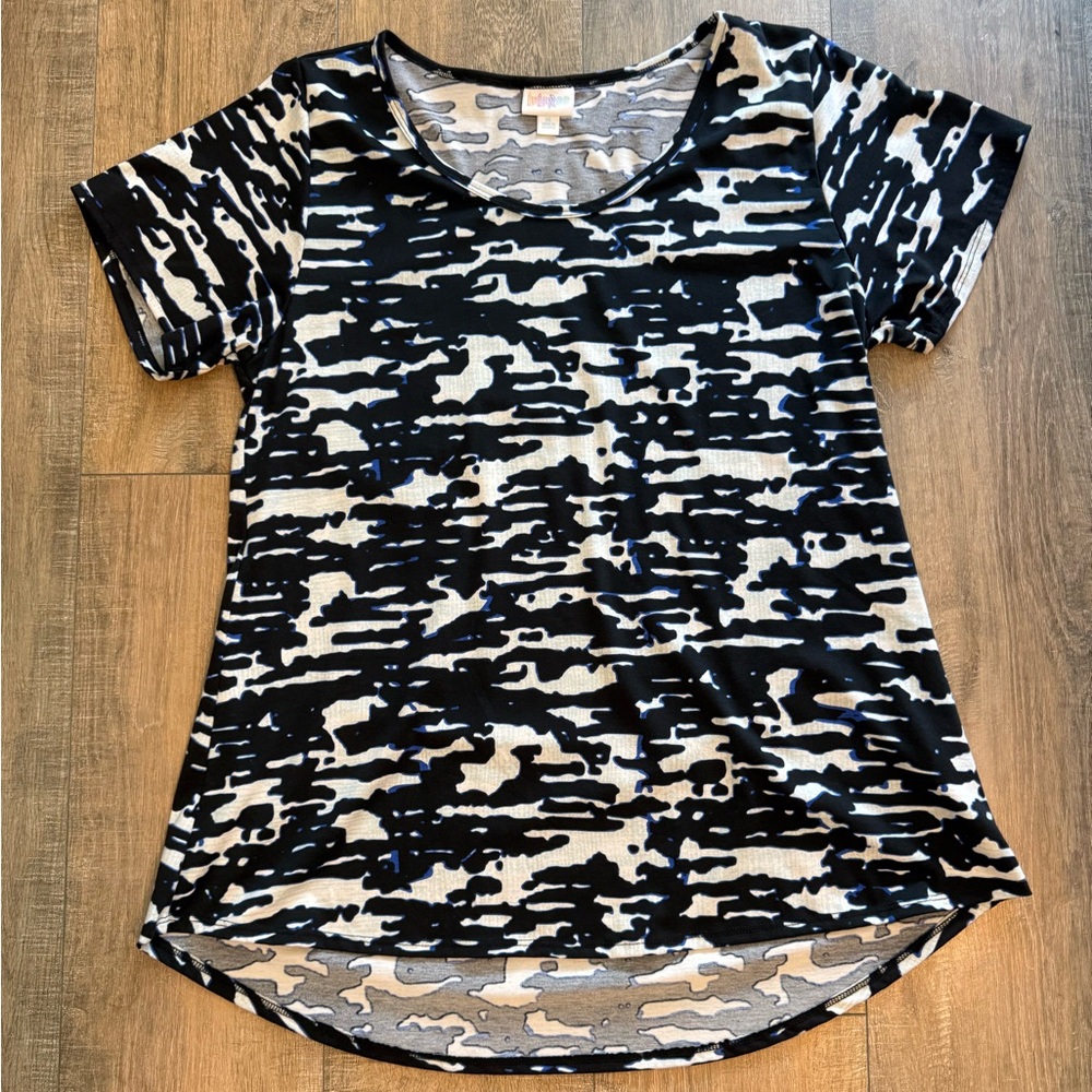 LuLaRoe Classic T Black, Blue and White Graphic Short Sleeve Tee